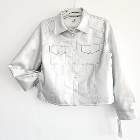 Kenneth Cole Faux Leather Metallic Silver Button Down Jacket Size Medium - Picture 3 of 6